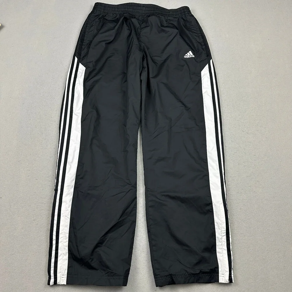 Adidas Pants Men XL Black White 3 Stripe Windbreaker Mesh Lined Zip Hem Sports
